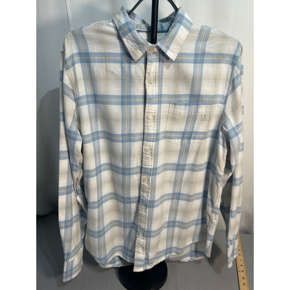 Free Assembly Mens Large Blue Tan Plaid Cotton Long Sleeve Button Down Shirt